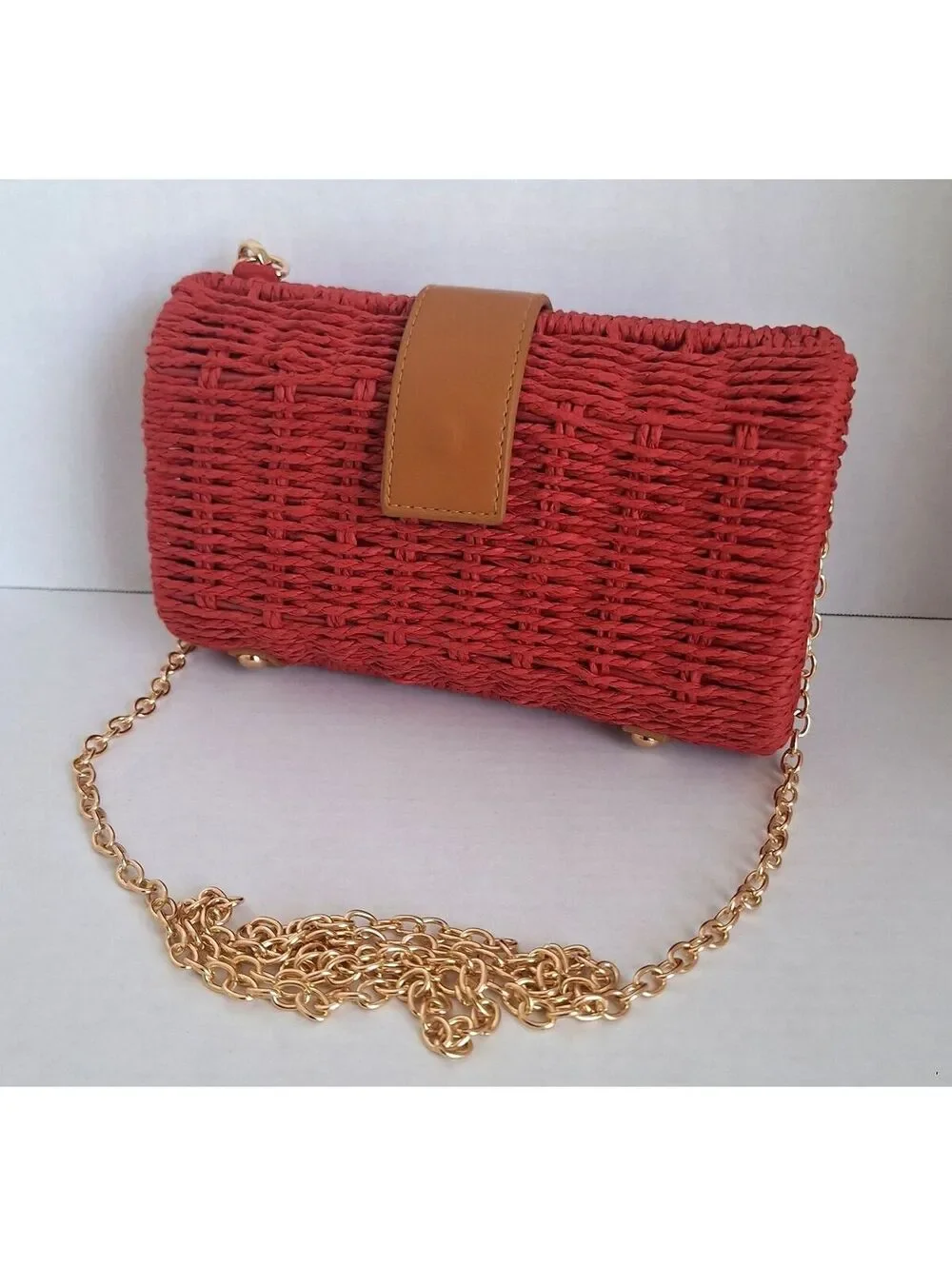 NWOT Shiraleah Red/Wine Wicker Clutch Crossbody Blue Leather Gold Chain [COPY]